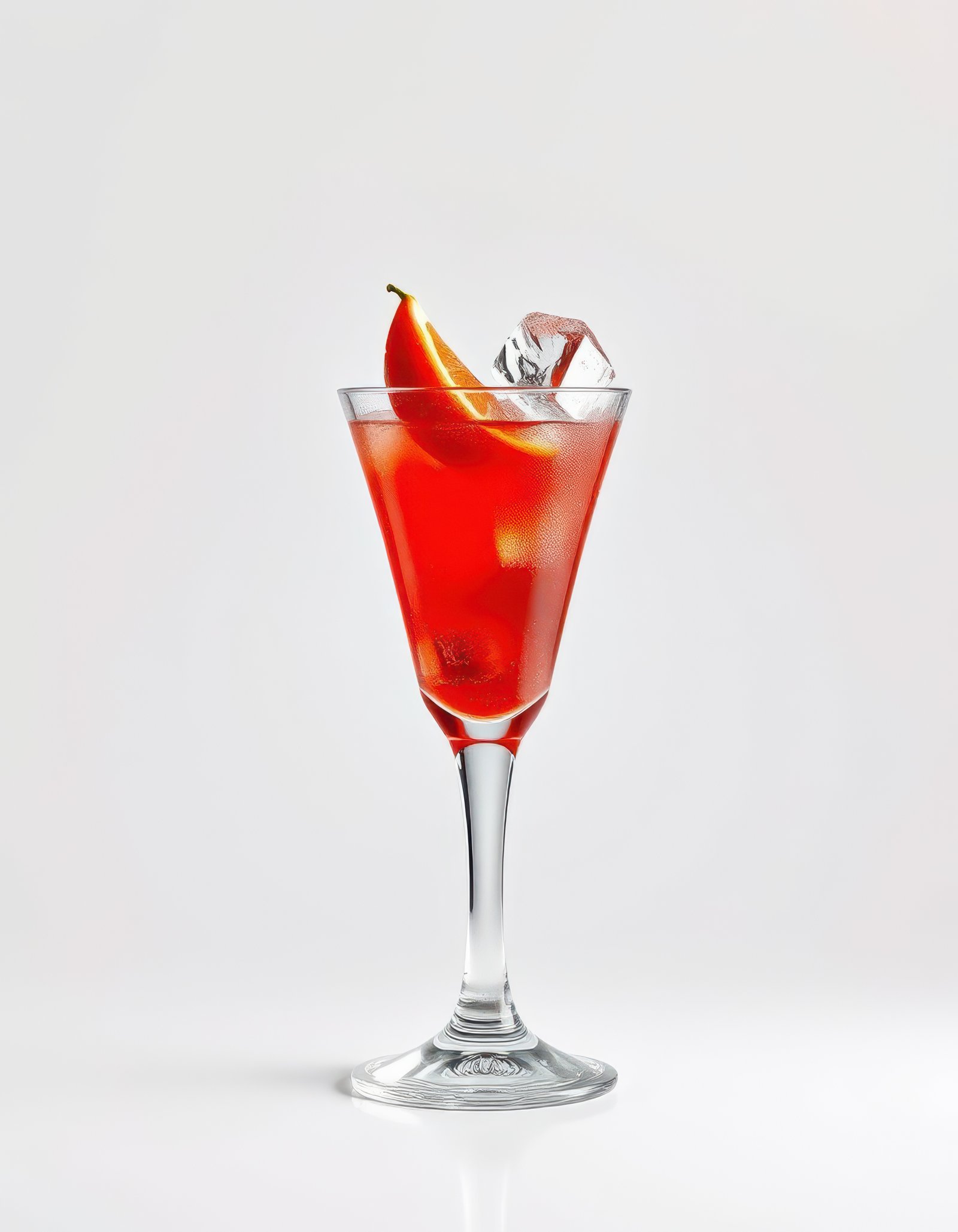 Refreshing red cocktail with ice and fruit garnish served in elegant glass